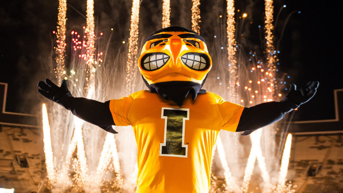 Herky Celebrating with Fireworks